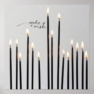 Minimalist lit black-line candles flames poster