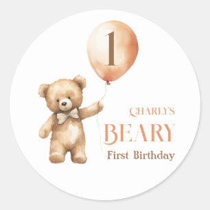 Minimalist Little Bear Beige Beary 1st Birthday Classic Round Sticker