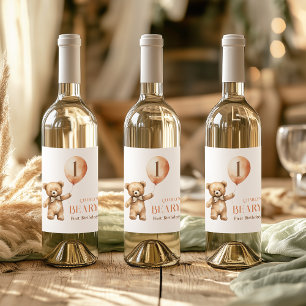Minimalist Little Bear Beige Beary 1st Birthday Wine Label