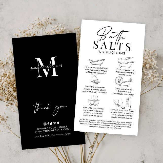 Minimalist Logo Bath Salts Warning & Instructions Business Card (Minimalist bath salts care cards in black and white, featuring care icons and space for your logo)