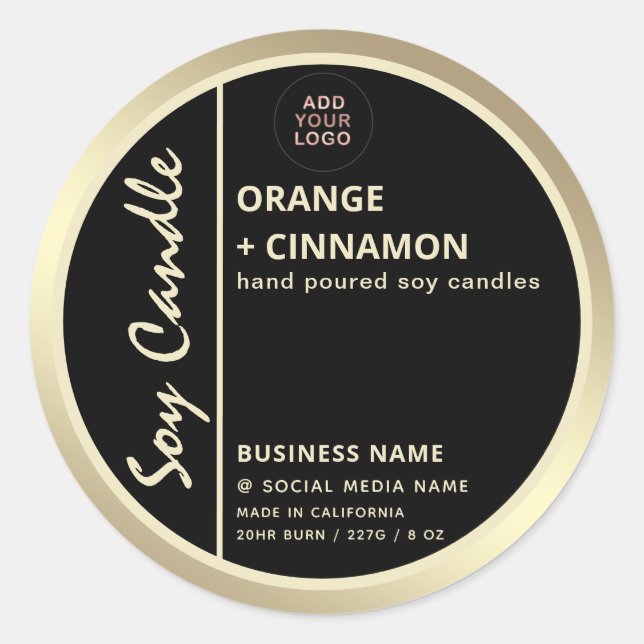 Minimalist logo black gold border soy candle class classic round sticker (Front)