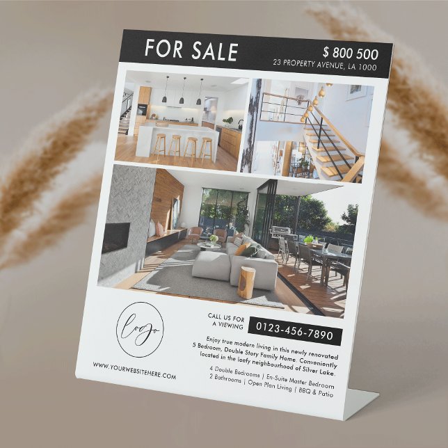 Minimalist Logo Photo Collage Real Estate For Sale Pedestal Sign (Minimalist real estate marketing pedestal sign with photo collage, your logo and contact details)