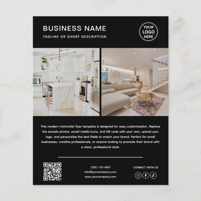 Minimalist Logo Photo QR Code Black Business Flyer (Front)