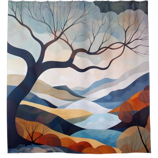 Minimalist Lone Tree Landscape Art Shower Curtain (Front)