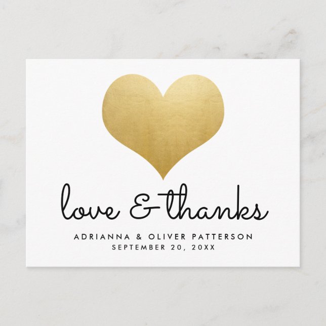 Minimalist Love And Thanks Faux Gold Foil Heart Postcard (Front)
