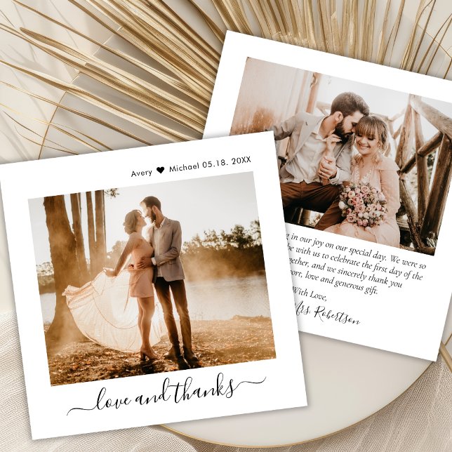 Minimalist Love and Thanks Script 2 Photo Wedding  Thank You Card (Creator Uploaded)