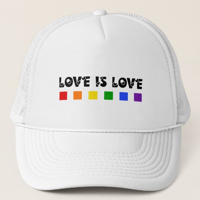 Minimalist Love Is Love Pride Rainbow & Hearts Trucker Hat (Front)