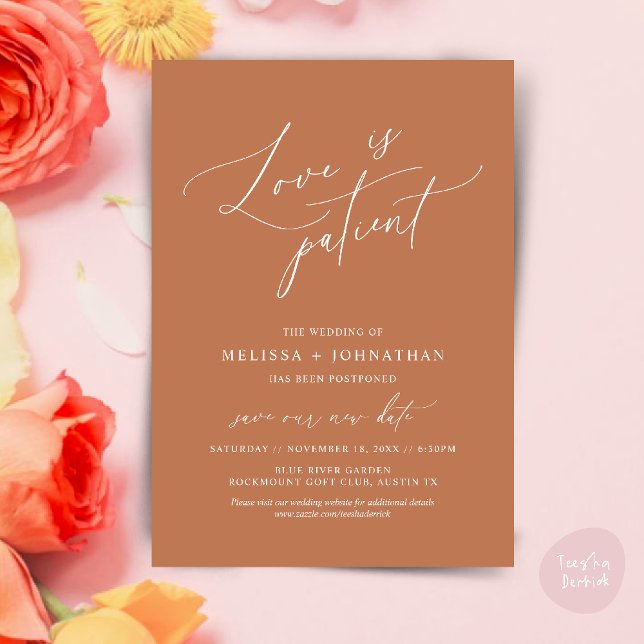 Minimalist, Love is patient, Change the date card (Love is patient, Change our new wedding date, postponed announcement card in copper brown)