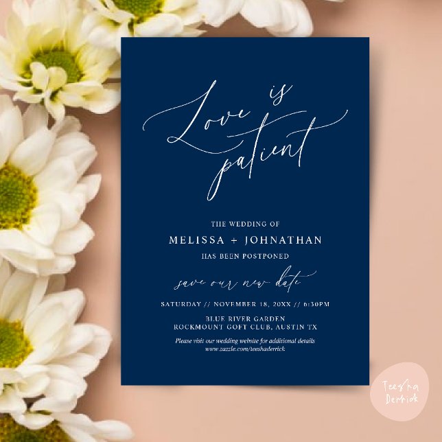 Minimalist, Love is patient, Change the date card (Minimalist, Love is patient, Romantic Wedding Change the new date card PDF in Navy Blue)