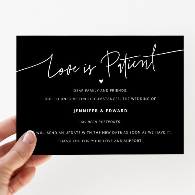 Minimalist Love Is Patient Wedding Update Black Invitation (Creator Uploaded)