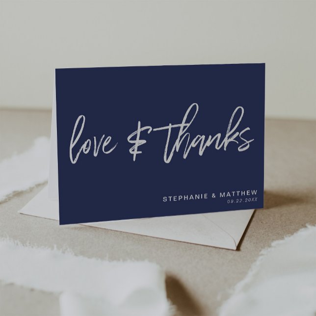 Minimalist Love & Thanks Handwritten Navy Blue Thank You Card (Navy blue hand lettered love and thanks simple minimalistic wedding thank you card.)