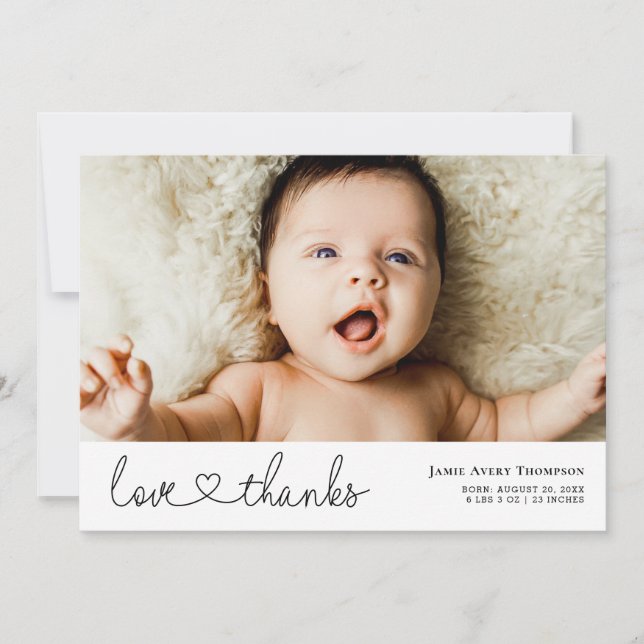 Minimalist Love & Thanks Photo Birth Announcement (Front)