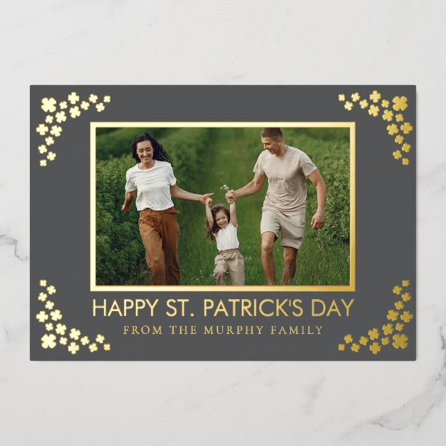 Minimalist lucky shamrock st. Patrick's Day Photo Foil Holiday Card (Front)
