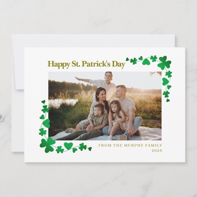 Minimalist lucky shamrock st. Patrick's Day Photo Holiday Card (Front)