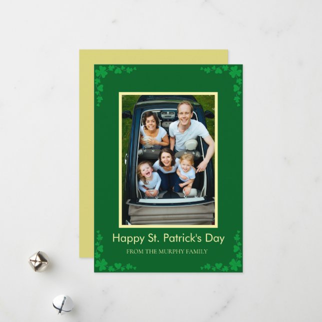 Minimalist lucky shamrock st. Patrick's Day Photo Holiday Card (Front/Back In Situ)