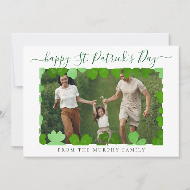 Minimalist lucky shamrock st. Patrick's Day Photo Holiday Card (Front)