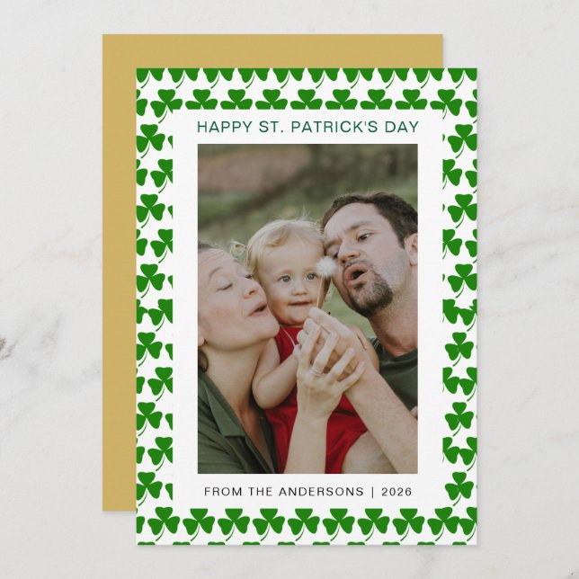 Minimalist lucky shamrock st. Patrick's Day Photo Holiday Card (Front/Back)