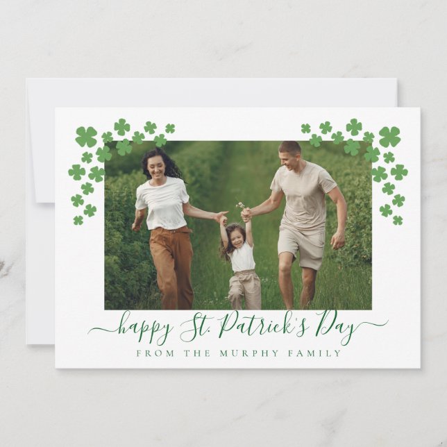 Minimalist lucky shamrock st. Patrick's Day Photo Holiday Card (Front)