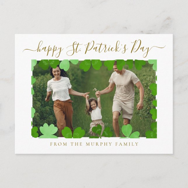 Minimalist lucky shamrock st. Patrick's Day Photo Holiday Postcard (Front)