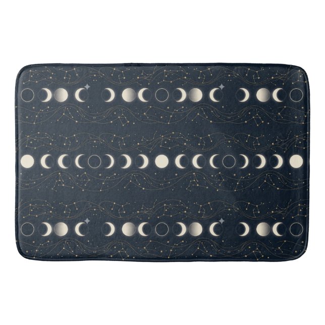 Minimalist Lunar Phases Pattern with Stars and Nig Bath Mat (Front)