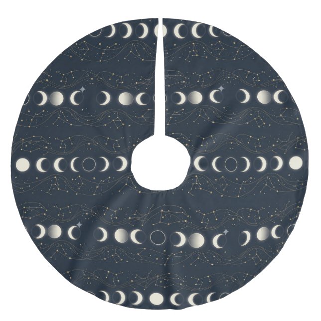 Minimalist Lunar Phases Pattern with Stars and Nig Brushed Polyester Tree Skirt (Front)