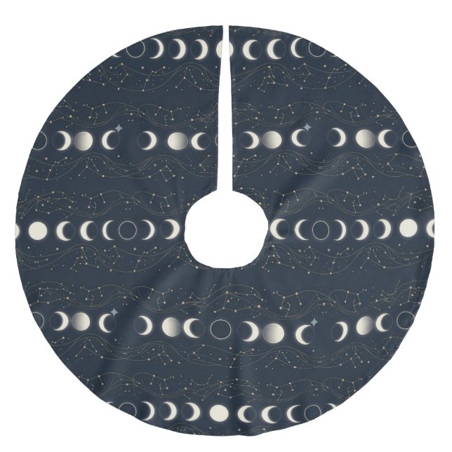 Minimalist Lunar Phases Pattern with Stars and Nig Brushed Polyester Tree Skirt (Front)