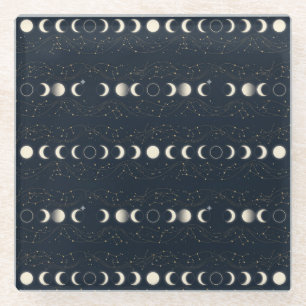 Minimalist Lunar Phases Pattern with Stars and Nig Glass Coaster