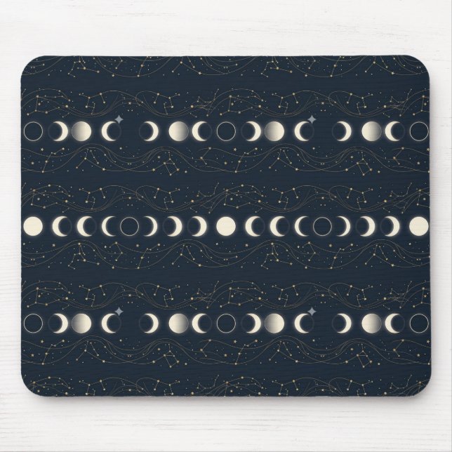 Minimalist Lunar Phases Pattern with Stars and Nig Mouse Mat (Front)