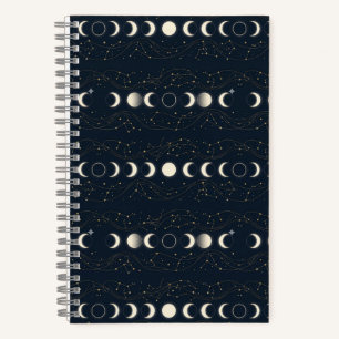 Minimalist Lunar Phases Pattern with Stars and Nig Notebook