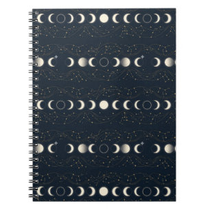 Minimalist Lunar Phases Pattern with Stars and Nig Notebook