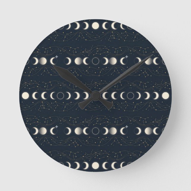 Minimalist Lunar Phases Pattern with Stars and Nig Round Clock (Front)