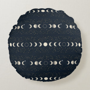 Minimalist Lunar Phases Pattern with Stars and Nig Round Cushion