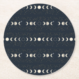 Minimalist Lunar Phases Pattern with Stars and Nig Round Paper Coaster