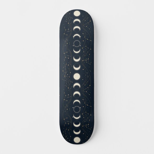 Minimalist Lunar Phases Pattern with Stars and Nig Skateboard (Front)