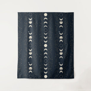Minimalist Lunar Phases Pattern with Stars and Nig Tapestry