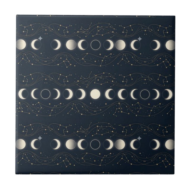 Minimalist Lunar Phases Pattern with Stars and Nig Tile (Front)