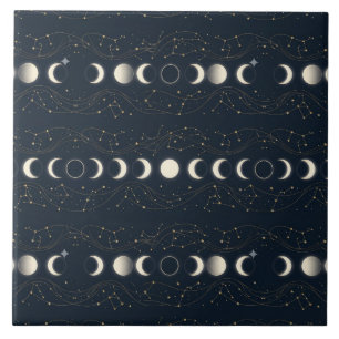 Minimalist Lunar Phases Pattern with Stars and Nig Tile