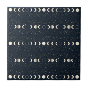 Minimalist Lunar Phases Pattern with Stars and Nig Tile