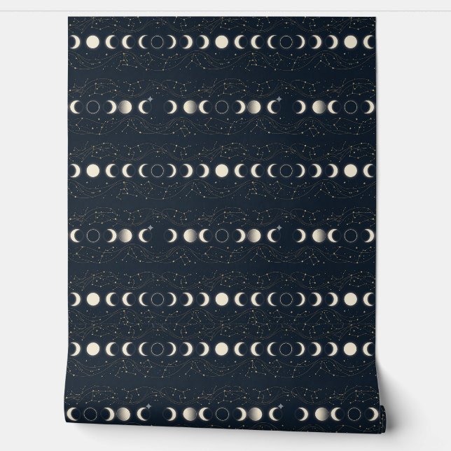 Minimalist Lunar Phases Pattern with Stars and Nig Wallpaper (Unrolling)