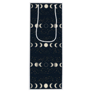 Minimalist Lunar Phases Pattern with Stars and Nig Wine Gift Bag