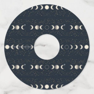Minimalist Lunar Phases Pattern with Stars and Nig Wine Glass Tag