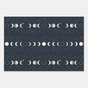 Minimalist Lunar Phases Pattern with Stars and Nig Wrapping Paper Sheet