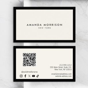 Minimalist Luxury Black/Ivory QR Code Social Media Business Card