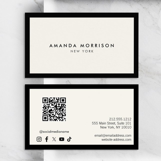 Minimalist Luxury Black/Ivory QR Code Social Media Business Card (Creator Uploaded)