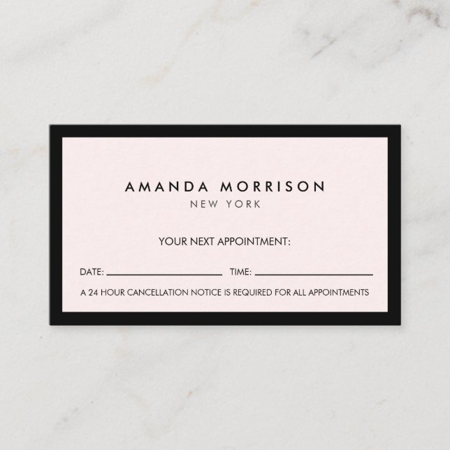 Minimalist Luxury Boutique Black/Pastel Pink Appt Business Card (Front)