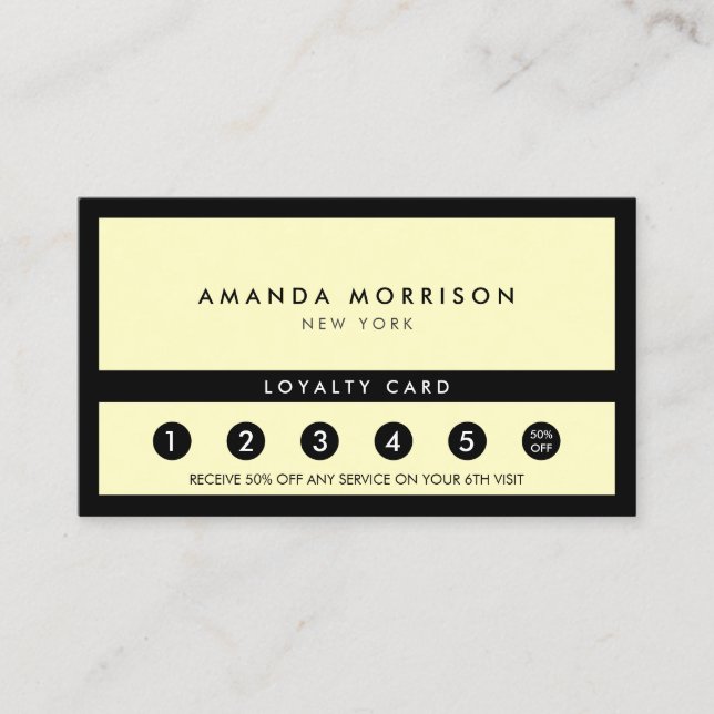 Minimalist Luxury Boutique Black/Yellow Loyalty Business Card (Front)