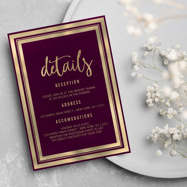 Minimalist luxury gold burgundy wedding Details  Invitation (Minimalist luxury gold burgundy wedding Details)