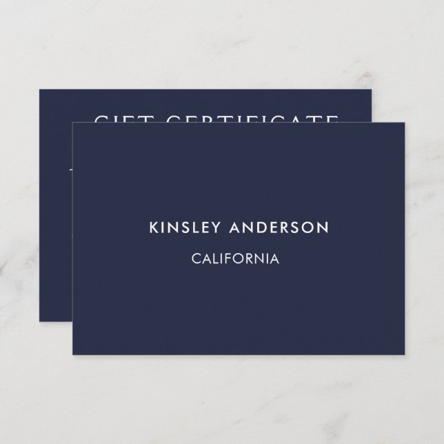 Minimalist Luxury Navy Blue Gift Certificate (Front/Back)