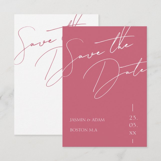 Minimalist Magenta Pink Script Typography Wedding Save The Date (Front/Back)