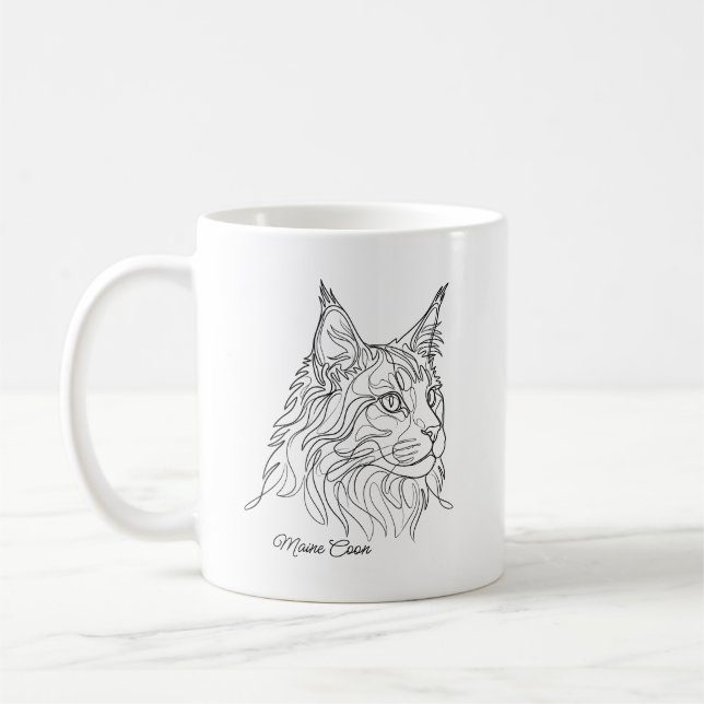 Minimalist Maine Coon Line Drawing Custom Pet Name Coffee Mug (Left)